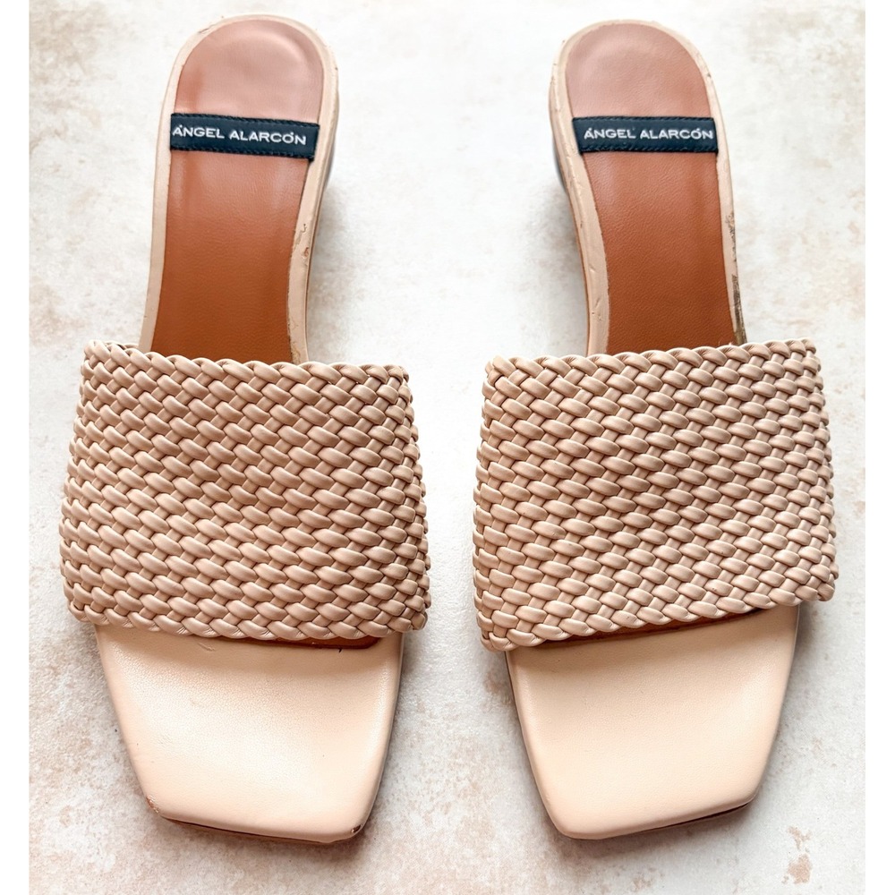 Angel Alarcon Woven Leather Ball Heel Mules Nude Beige Square Toe Spain 36